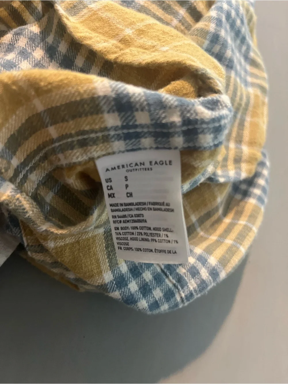 American Eagle Hooded Flannel Shirt S Plaid Yellow Blue Removable Hood